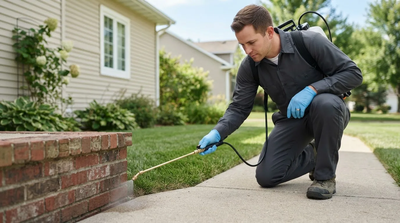 Pest control technician treating a home near Hebron, NE