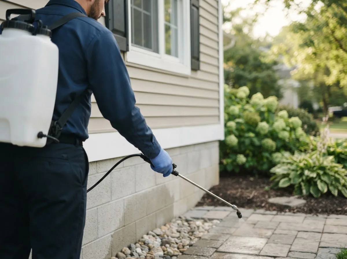Pest control technician inspecting a home in Hebron, NE